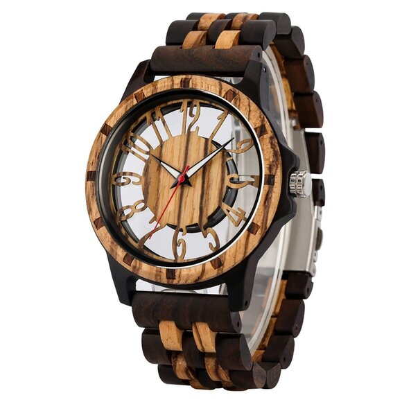 Men's Wooden Quartz Watch with Deployment Clasp Lightweight Strap